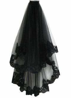 Excefore Black Veil Brides Wedding Veils Lace Short Bridal Veil Fingertip Women’s Veil Festival Veil 2 Tier Tulle Veil with Comb  - Image 2