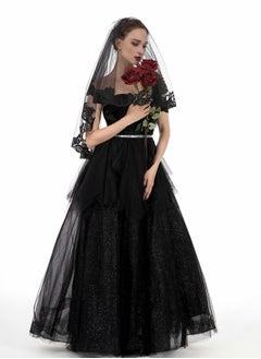 Excefore Black Veil Brides Wedding Veils Lace Short Bridal Veil Fingertip Women’s Veil Festival Veil 2 Tier Tulle Veil with Comb  - Image 5