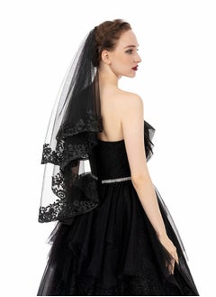 Excefore Black Veil Brides Wedding Veils Lace Short Bridal Veil Fingertip Women’s Veil Festival Veil 2 Tier Tulle Veil with Comb  - Image 4
