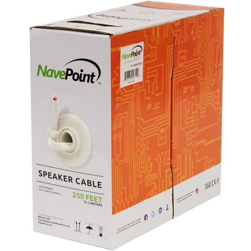 NavePoint 250ft in Wall Audio Speaker Cable Wire CL2 14/2 AWG Gauge 2 Conductor Bulk White - Image 1