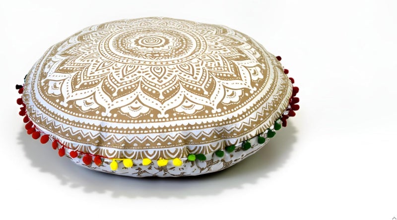CRAFT KALA كرافت كالا 22 بوصة وسادة ماندالا بوهو مستديرة، وسائد جلوس لغرفة التأمل، لغرفة المعيشة، غرفة اليوغا، غرفة النوم المنزلية، الشرفة، حديقة الحفلات، ديكور، غطاء وسادة أرضية قطنية (أبيض ذهبي أومبري) - Image 1