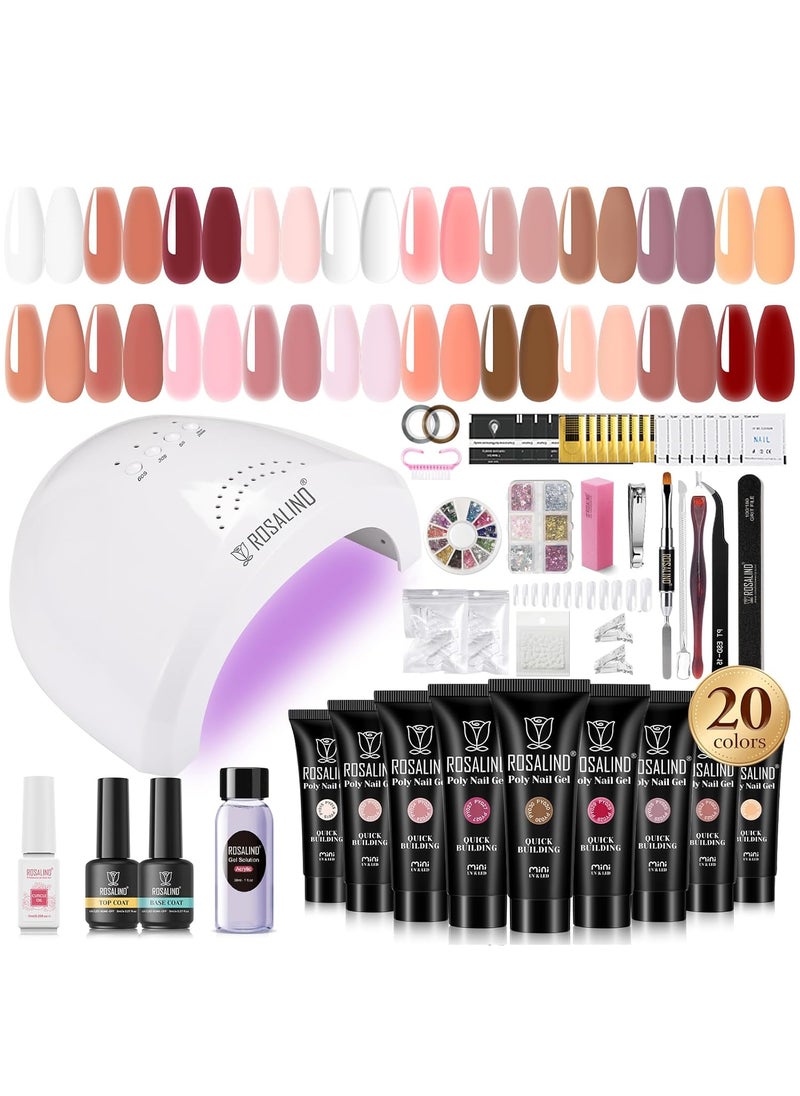 Rosalind ROSALIND Poly Nail Gel Kit -20 Colors + 72Nail Art Accessories Kit, Nude Clear Poly Nail Gel Nail Kit Starter Kit with Big U V Lamp Slip Solution for Pink Nail Extensions Gel Dual Forms Nail Brush 