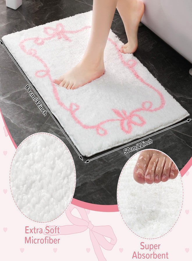 Tinideya Microfiber Bathroom Rugs White Cute Bath Rug with Pink Bowknot Cute Bathmat Pink Bow Bathroom Carpets for Bathtub, Sink, Shower, Living Room, Kitchen, Anti Slip, Absorbent, 32 x20 - Image 2