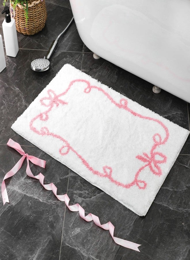 Tinideya Microfiber Bathroom Rugs White Cute Bath Rug with Pink Bowknot Cute Bathmat Pink Bow Bathroom Carpets for Bathtub, Sink, Shower, Living Room, Kitchen, Anti Slip, Absorbent, 32 x20 - Image 1