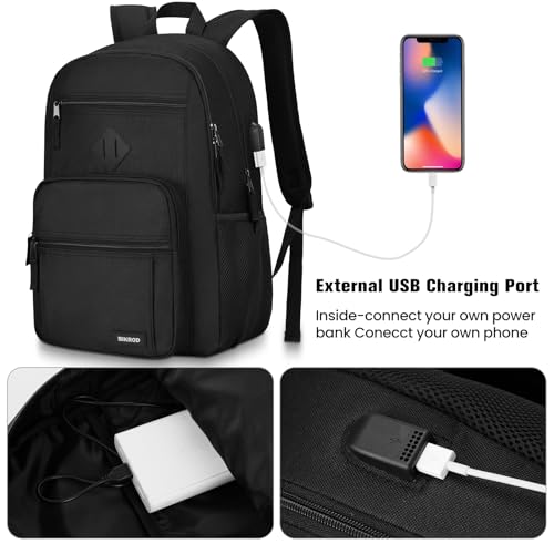 BIKROD Black Backpack for Men and Women, Backpack for School Teens Boys and Girls, Lightweight Casual High School Bookbag, Daily-use Travel Laptop Backpack with USB Charging Port Fits 15.6 Inch Notebook - Image 4