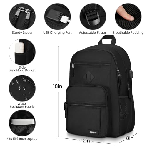 BIKROD Black Backpack for Men and Women, Backpack for School Teens Boys and Girls, Lightweight Casual High School Bookbag, Daily-use Travel Laptop Backpack with USB Charging Port Fits 15.6 Inch Notebook - Image 3
