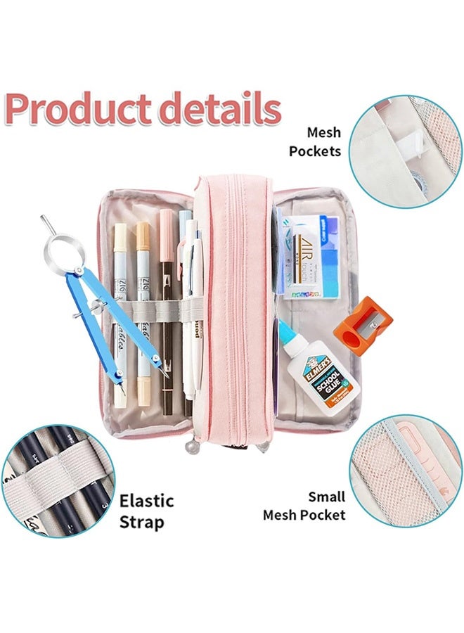 مقلمة كبيرة وردية اللون بثلاثة أقسام حقيبة أقلام كبيرة السعة للأطفال والمراهقين والفتيان والطالبات والمدارس واللوازم التعليمية حقيبة منظمة من أكسفورد حقيبة أقلام حقيبة مستحضرات تجميل أدوات مكتبية - Image 3