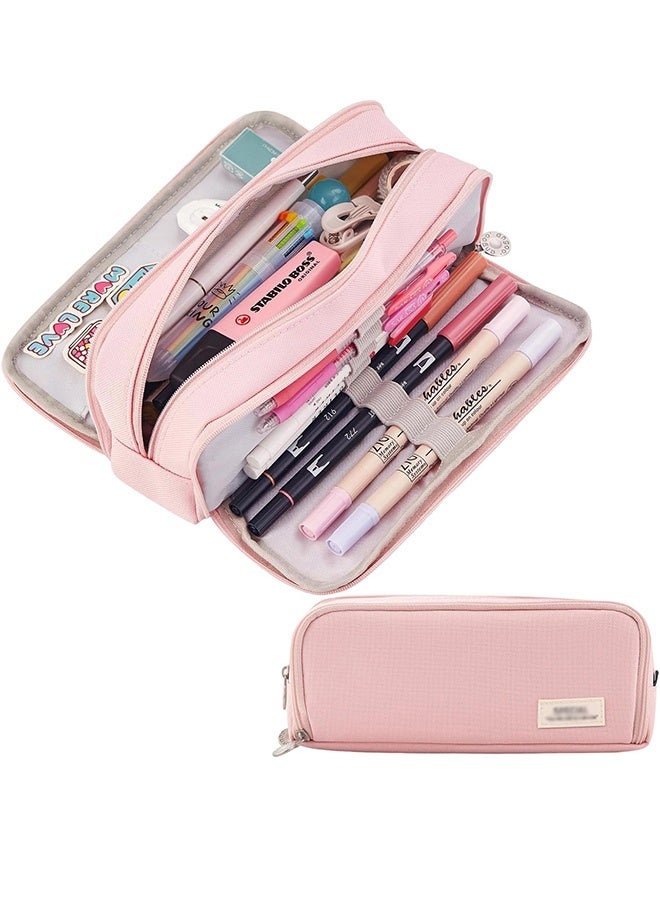 مقلمة كبيرة وردية اللون بثلاثة أقسام حقيبة أقلام كبيرة السعة للأطفال والمراهقين والفتيان والطالبات والمدارس واللوازم التعليمية حقيبة منظمة من أكسفورد حقيبة أقلام حقيبة مستحضرات تجميل أدوات مكتبية - Image 1