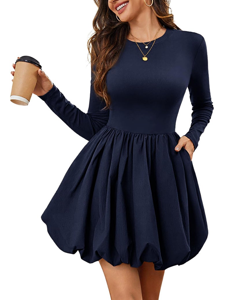Meetjen Bubble Dresses for Women Fall 2026 Mini Party Long Sleeve Fancy Short Cocktail Dress with Pockets Fall Vestidos De Fiesta para Mujer Navy M - Image 1