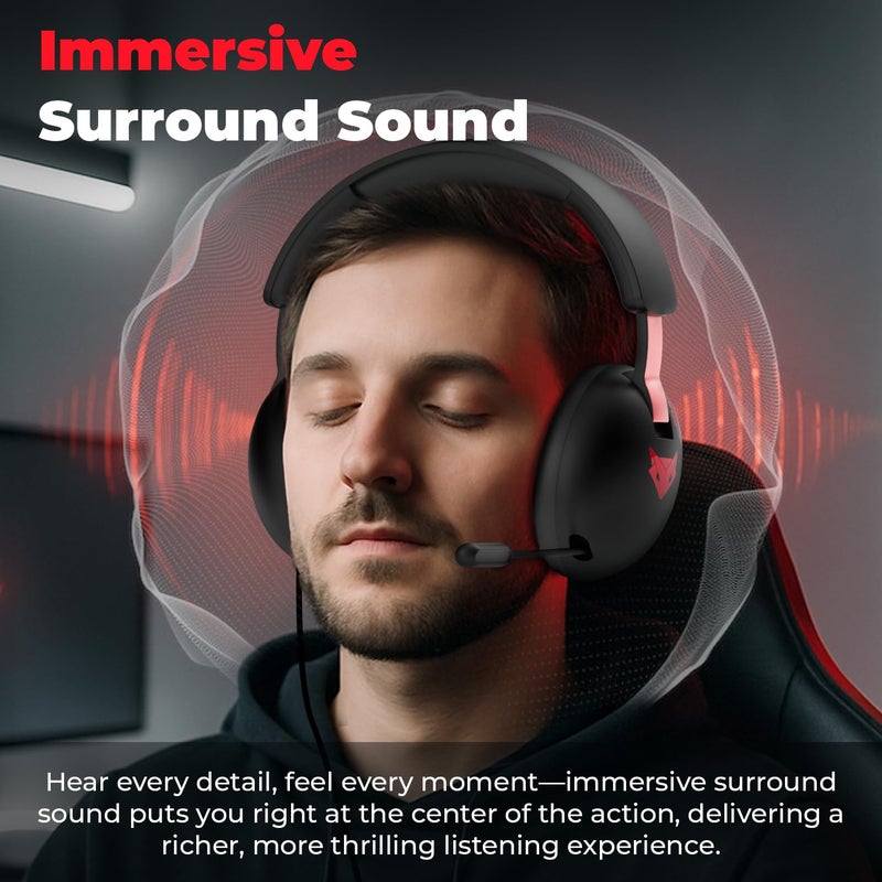 EvoFox Hyperion Gaming Headphones with Mic - Black, 50mm Drivers, Immersive Surround Sound, Retractable Mic, Wired (3.5mm + Type-C), Inline Controls, Durable Build with Over Ear Swappable Ear Pads - Image 2