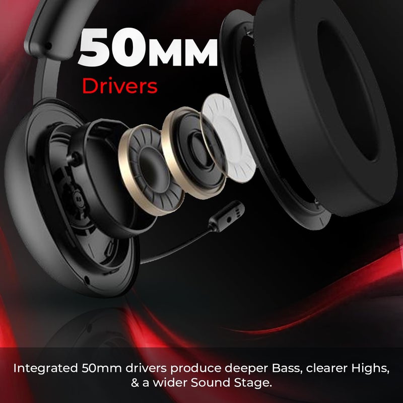 EvoFox Hyperion Gaming Headphones with Mic - Black, 50mm Drivers, Immersive Surround Sound, Retractable Mic, Wired (3.5mm + Type-C), Inline Controls, Durable Build with Over Ear Swappable Ear Pads - Image 3