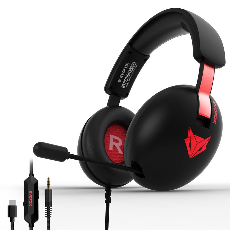 EvoFox Hyperion Gaming Headphones with Mic - Black, 50mm Drivers, Immersive Surround Sound, Retractable Mic, Wired (3.5mm + Type-C), Inline Controls, Durable Build with Over Ear Swappable Ear Pads - Image 1