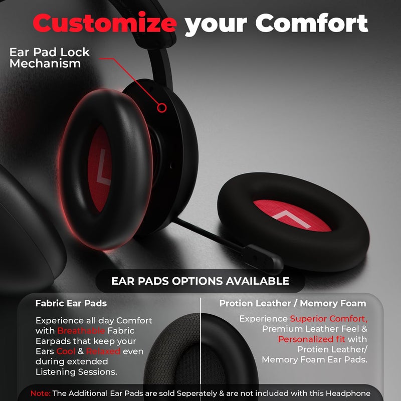 EvoFox Hyperion Gaming Headphones with Mic - Black, 50mm Drivers, Immersive Surround Sound, Retractable Mic, Wired (3.5mm + Type-C), Inline Controls, Durable Build with Over Ear Swappable Ear Pads - Image 5