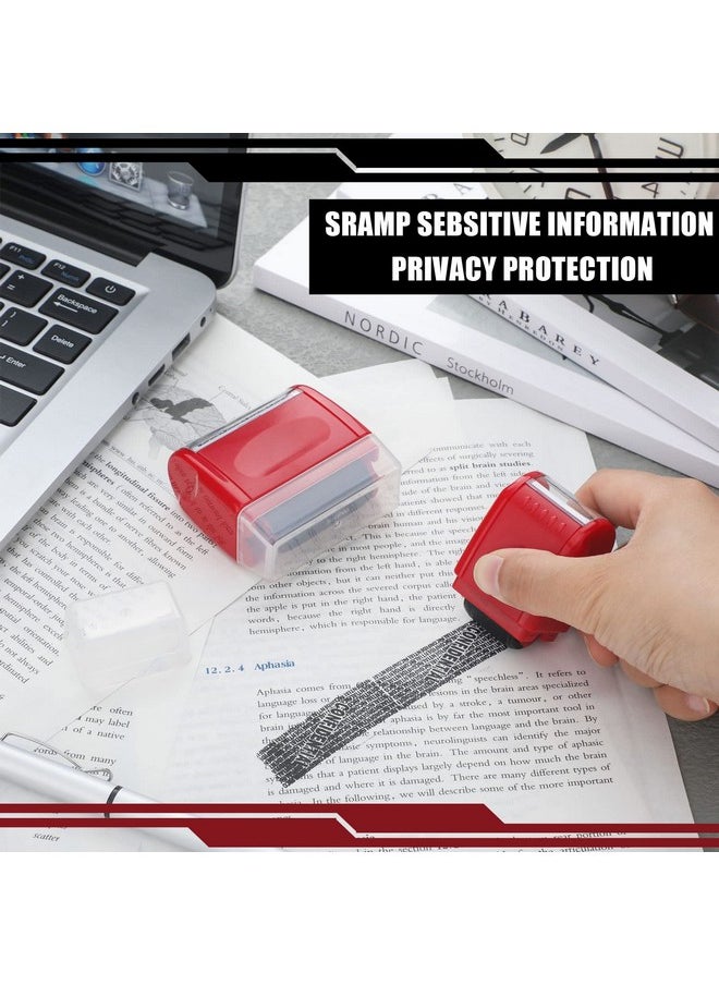 Nezyo - 2 Pack Identity Protection Roller Stamps Identity Theft Stamp Confidential Roller Stamp Privacy Stamp Information Blocker Stamp And 4 Pack Refill Ink For Id Account Data Address Security (Red) - Image 1