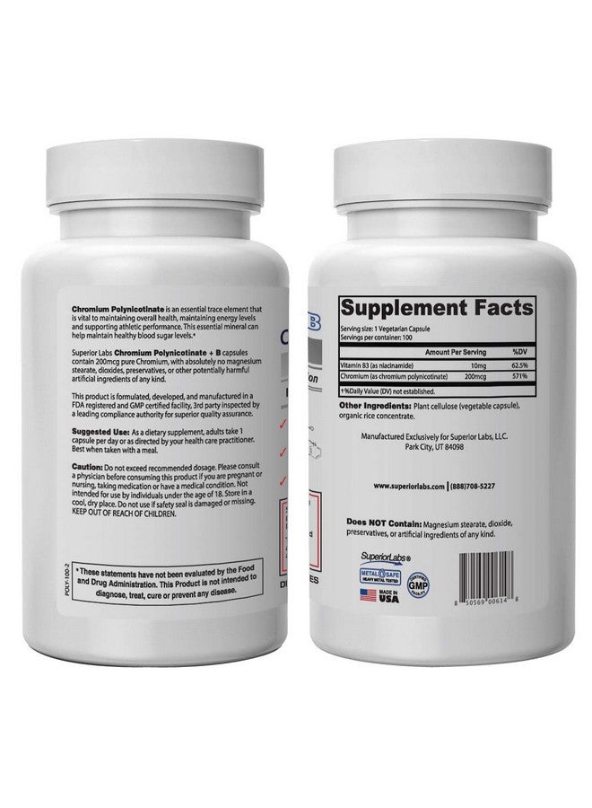 Superior Labs مكمل الكروم البولينيكوتينات النقي مصنوع في الولايات المتحدة 200 ميكروغرام + فيتامين ب3 لامتصاص مثالي كبسولة نباتية 14 أسبوعًا من الإمدادات - Image 3