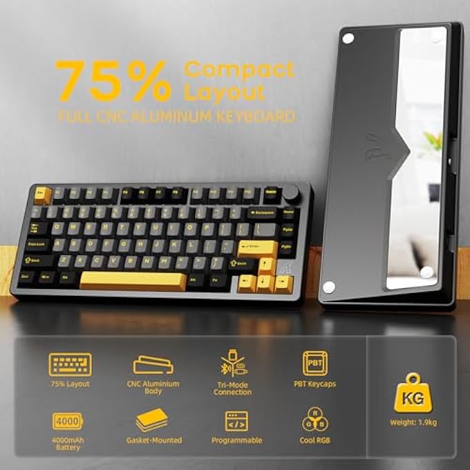 rayihni X86 WIRELESS MECHANICAL KEYBOARD, 75% GAMING KEYBOARD ALL-ALUMINIUM CNC, RGB BACKLIT GASKET HOT SWAP CUSTOM KEYBOARD WITH KNOB,BT/2.4G/USB-C WIRED CREAMY KEYBOARD FOR MAC/WIN-STARRY BLACK - Image 2