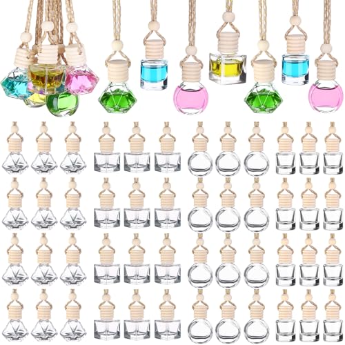 Mkhaslri 60 Pcs Hanging Car Air Freshener Car Diffuser Bottle Empty Glass Perfume Bottles Air Freshener Diffuser Bottle Pendant for Essential Oils Fragrance Aromatherapy Ornament Decor Various Style - Image 1