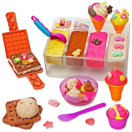 Kipipol Sensory bin - 29 pcs Ice Cream Toy Shop Play Sand Kit with 9 Ice Cream Sand Toys, 1.7 LB Moon Sand for Kids, Sandbox with A Lid - Pretend Play Sensory Toys for Girls and Boys Age 3-5 and Up - Image 1