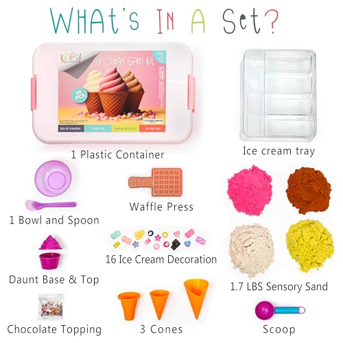 Kipipol Sensory bin - 29 pcs Ice Cream Toy Shop Play Sand Kit with 9 Ice Cream Sand Toys, 1.7 LB Moon Sand for Kids, Sandbox with A Lid - Pretend Play Sensory Toys for Girls and Boys Age 3-5 and Up - Image 2