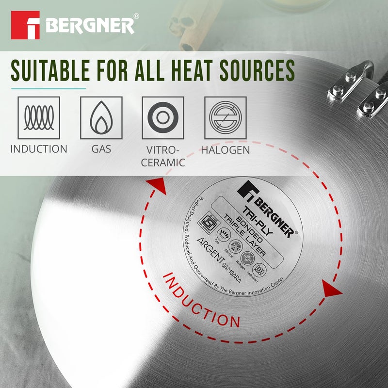 BERGNER بيرغنر أرجنت سامسارا طاسة روتي ثلاثية الفولاذ المقاوم للصدأ 26 سم مع طلاء غير لاصق ممتاز، تستهلك زيت أقل لطهي صحي، تسخين متساوي وأسرع، سهل التنظيف - متوافق مع الحث - Image 5