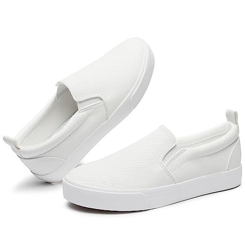 TUOPIN Womens Synthetic Leather Slip On Shoes,Padded Collar Slip on Sneakers for Women,Casual Loafers Walking Shoes(White.US07) - Image 1