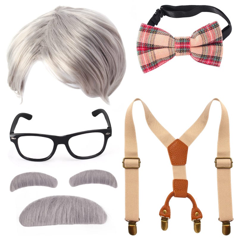 Yewong Kids Old Man Costume Set Grandpa Wig with Suspenders Kit for 100 Days of School Halloween - Image 2