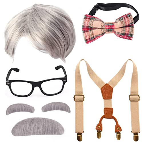 Yewong Kids Old Man Costume Set Grandpa Wig with Suspenders Kit for 100 Days of School Halloween - Image 1