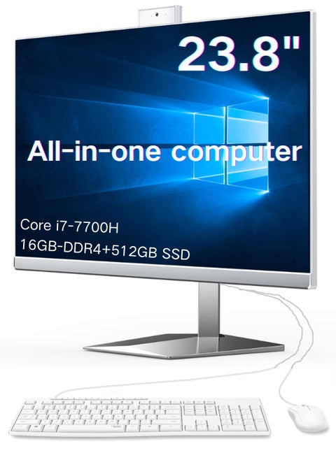 All-in-One Computers Business Desktop 23.8” FHD 60Hz Display, Intel Core i7-7700, 8GB DDR4 RAM, 512G SSD, Webcam, HDMI, VGA Wi-Fi 6, Wired Keyboard & Mouse, Windows 10, White