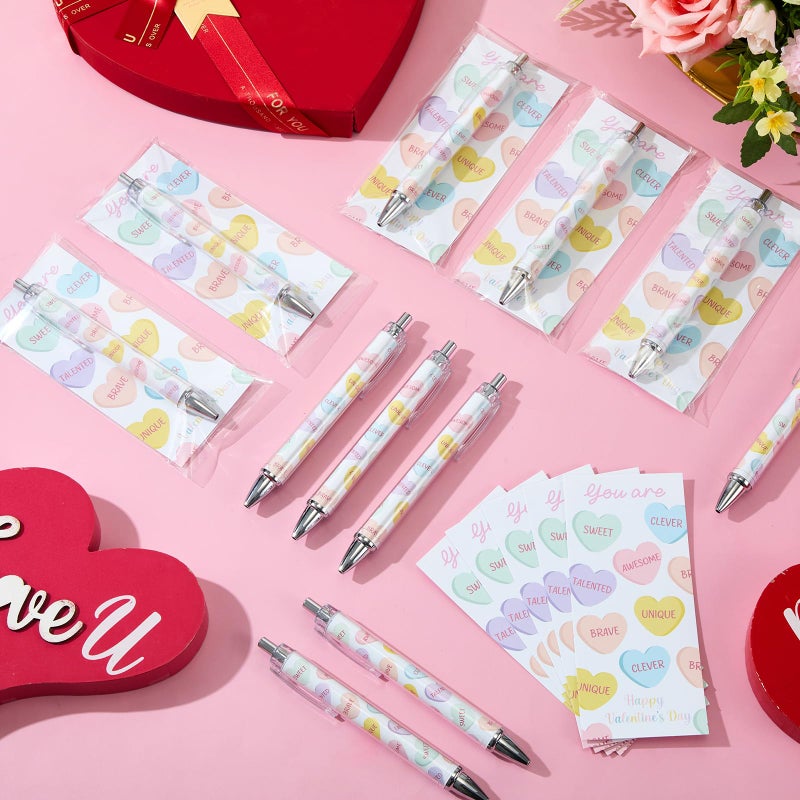 Weekgrat 24 Set Valentine's Day Conversation Heart Pens Gifts, 24 Cute Retractable Pens and 24 Conversation Heart Greeting Cards for Valentines Party Favor Classroom Prizes Office School Supplies - Image 4