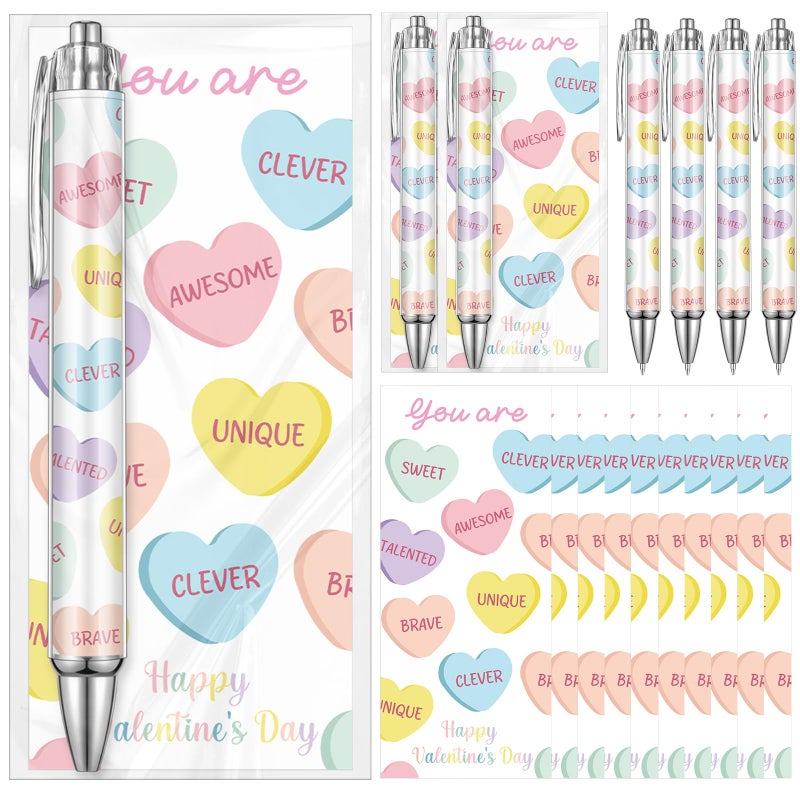 Weekgrat 24 Set Valentine's Day Conversation Heart Pens Gifts, 24 Cute Retractable Pens and 24 Conversation Heart Greeting Cards for Valentines Party Favor Classroom Prizes Office School Supplies - Image 1