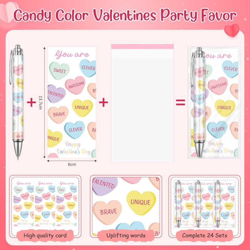 Weekgrat 24 Set Valentine's Day Conversation Heart Pens Gifts, 24 Cute Retractable Pens and 24 Conversation Heart Greeting Cards for Valentines Party Favor Classroom Prizes Office School Supplies - Image 2