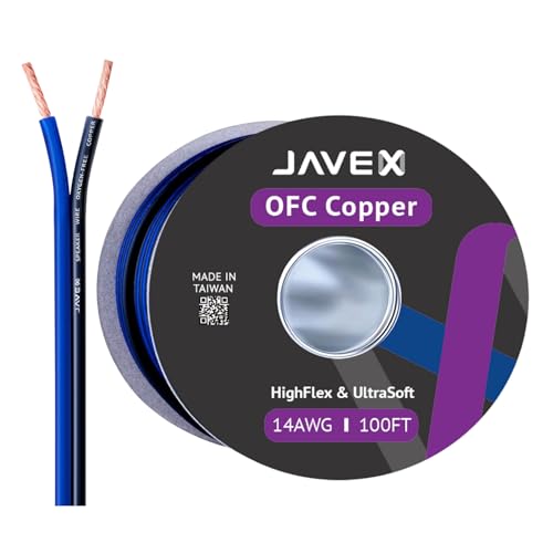 JAVEX 14-Gauge AWG Audio Speaker Wire Cable (100 FT), [OFC Oxygen-Free Copper] HighFlex Thin Flat Cable for Automotive Car Stereo Audio, HI-FI Stereo, Home Theater, Blue/Black - Image 1