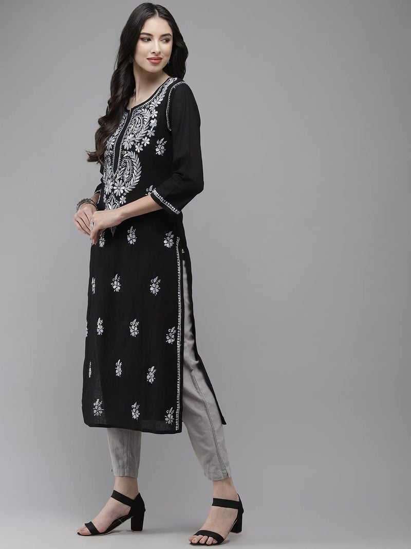 Ada Traditional Hand Embroidered Lucknow Chikankari Cotton Kurta Kurti for Women A411280 (Black, M) - Image 4