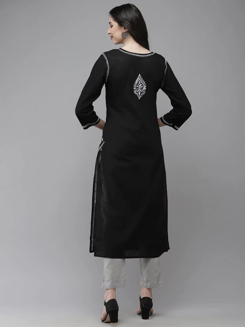 Ada Traditional Hand Embroidered Lucknow Chikankari Cotton Kurta Kurti for Women A411280 (Black, M) - Image 2