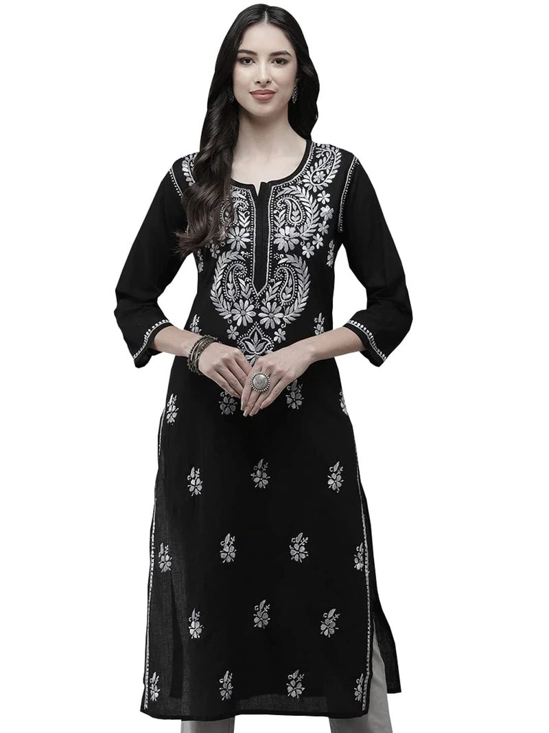 Ada Traditional Hand Embroidered Lucknow Chikankari Cotton Kurta Kurti for Women A411280 (Black, M) - Image 1