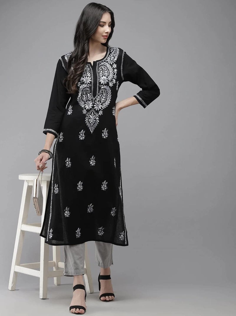 Ada Traditional Hand Embroidered Lucknow Chikankari Cotton Kurta Kurti for Women A411280 (Black, M) - Image 5