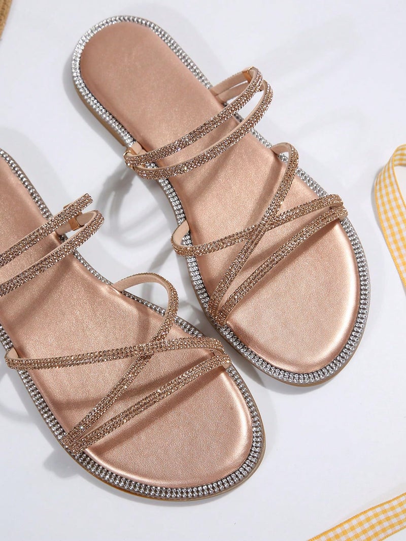 OYOANGLE Women's Rhinestone Strappy Open Toe Slide Sandals Slip on Casual Flat Sandals Champagne 8.5 - Image 3