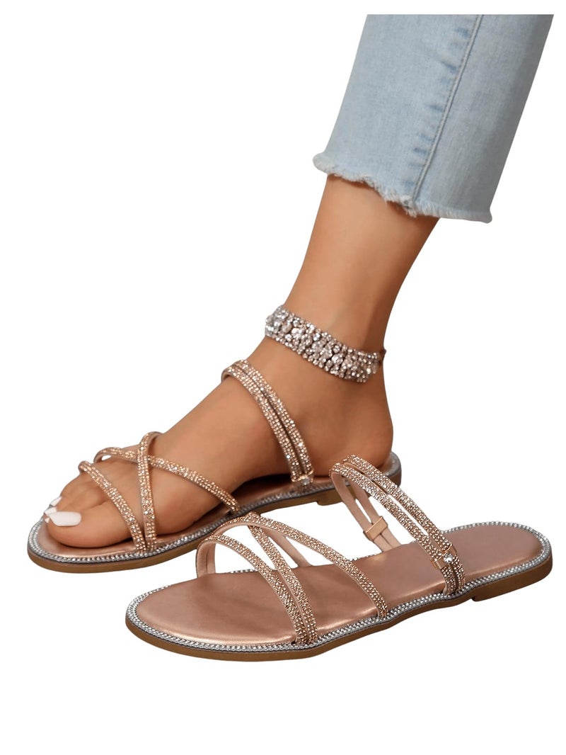OYOANGLE Women's Rhinestone Strappy Open Toe Slide Sandals Slip on Casual Flat Sandals Champagne 8.5 - Image 4