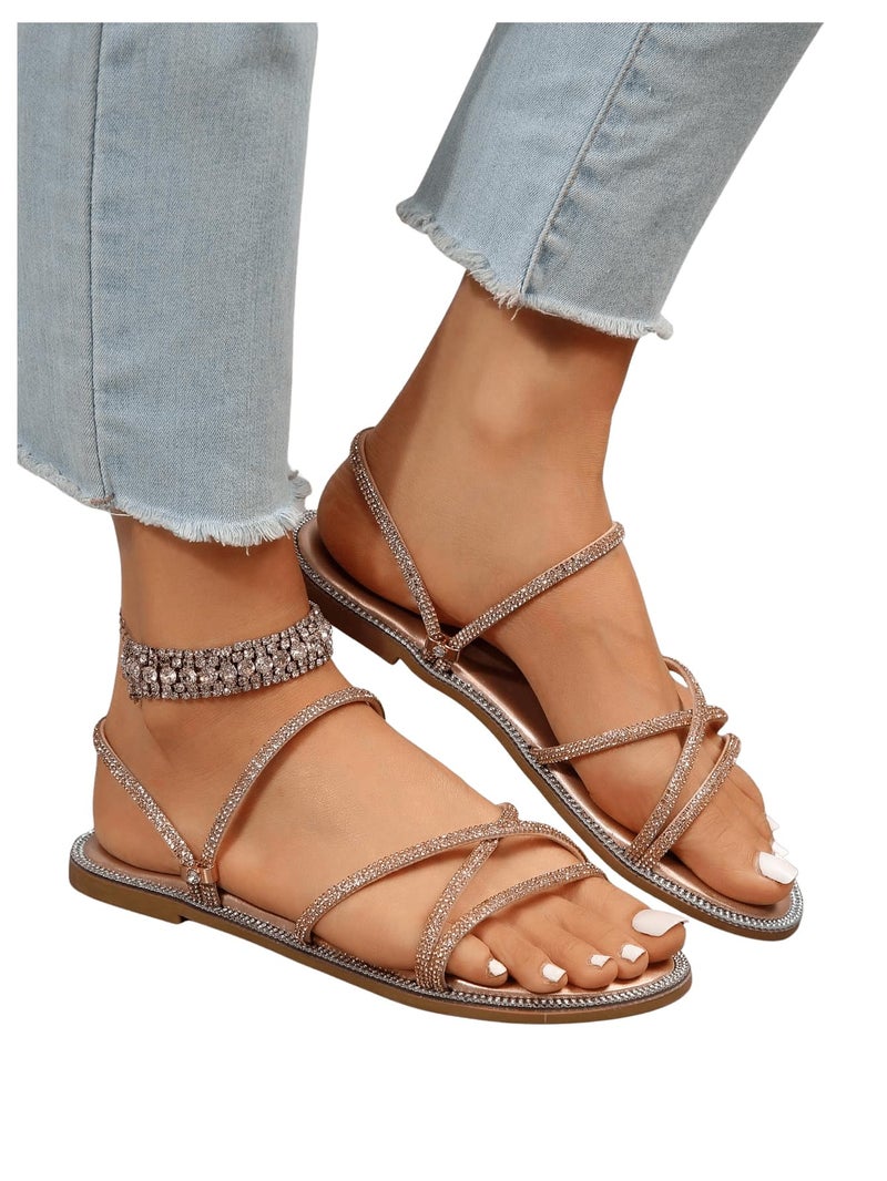 OYOANGLE Women's Rhinestone Strappy Open Toe Slide Sandals Slip on Casual Flat Sandals Champagne 8.5 - Image 5