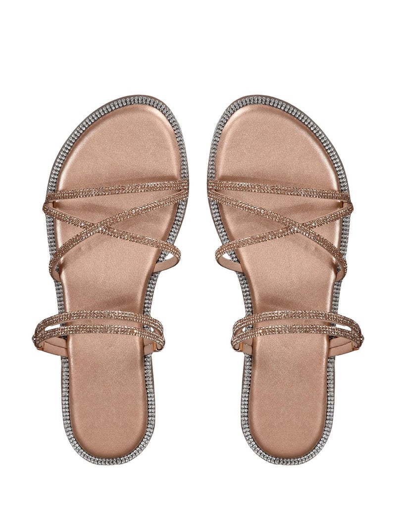 OYOANGLE Women's Rhinestone Strappy Open Toe Slide Sandals Slip on Casual Flat Sandals Champagne 8.5 - Image 1