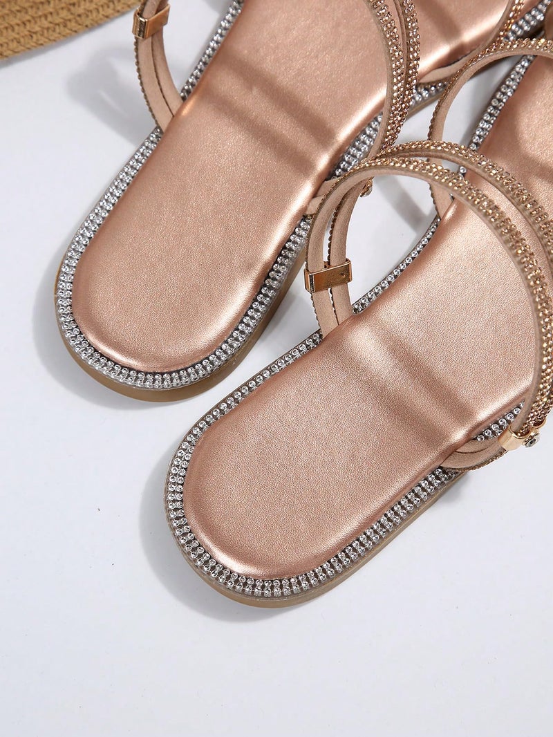 OYOANGLE Women's Rhinestone Strappy Open Toe Slide Sandals Slip on Casual Flat Sandals Champagne 8.5 - Image 2