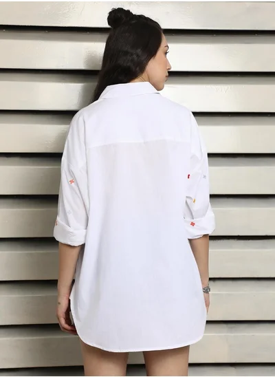 هاي ستار Women's White 100% Cotton Embroidered Button Down Oversized Shirt