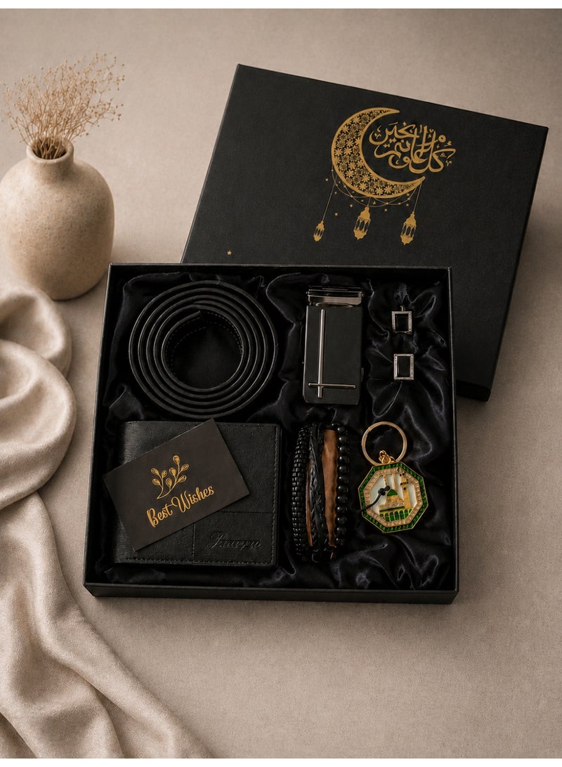 فيساليا هدايا للرجال، طقم هدايا رجالي فاخر من 5 قطع مع محفظة جلدية، حزام، سوار خرز للرجال، أزرار أكمام وسلسلة مفاتيح، هدية للعيد، رمضان، عيد الميلاد ويوم الأب - Image 2