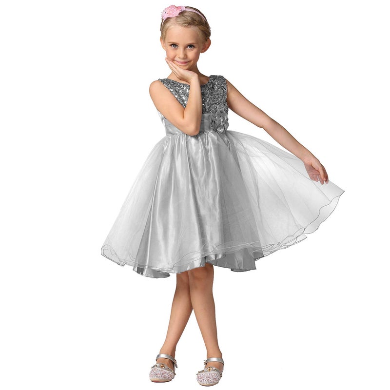 Acecharming Girls Dresses Sequin Tulle Flower Princess Dress for Pageant Birthday Party Wedding Bridesmaid for 3-12 Years Silver - Image 2