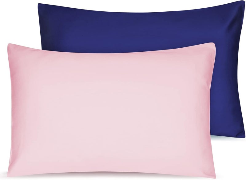 LULUSILK Soft Organic Cotton Toddler Pillowcases 14 X 20 Inches, Fit 13 X 18, 14 X 19 Pillows, Smooth Pearl Cotton Baby Pillowcases with Envelope Closure, Pink and Navy Blue, Set of 2 - Image 1