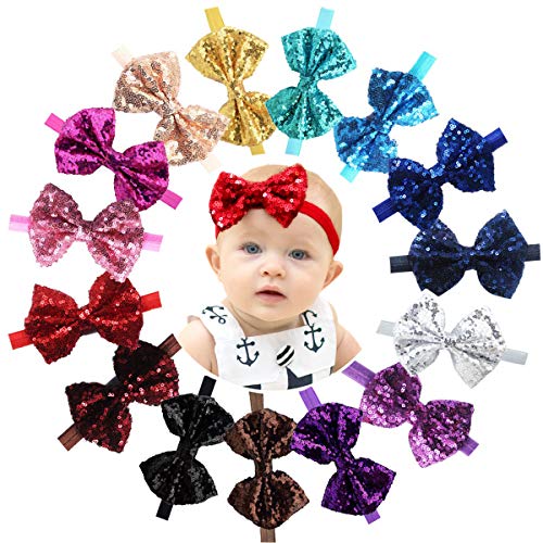 CÉLLOT 15pcs Baby Girl Headbands Sparkly Glitter Sequins 4" Big Hair Bows Ribbon Soft Stretchy Hair Bands for Infant Newborn and Toddlers - Image 1