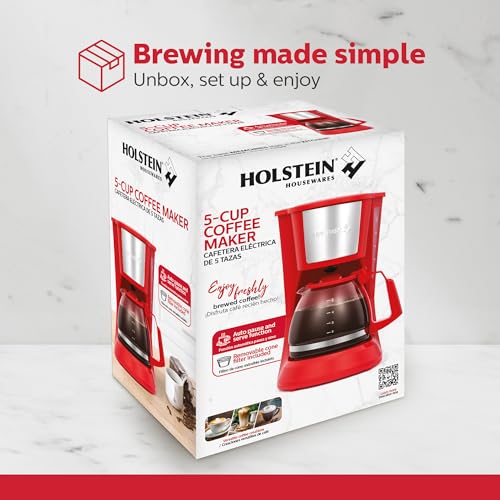 Holstein Housewares 5 Cup Drip Coffee Maker – Compact and User-Friendly with Auto Pause & Serve, Reusable Filter, Measuring Spoon & Glass Carafe, Office & Dorm Use, Red - Image 5
