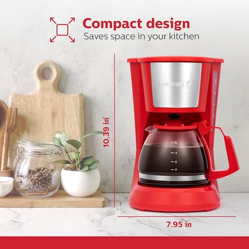 Holstein Housewares 5 Cup Drip Coffee Maker – Compact and User-Friendly with Auto Pause & Serve, Reusable Filter, Measuring Spoon & Glass Carafe, Office & Dorm Use, Red - Image 3