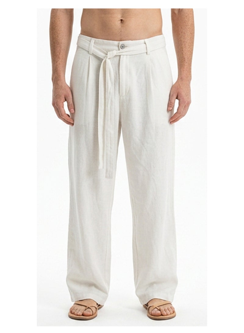 RAVIN Off-White Wide-Leg Linen Blend Tie-Waist Trousers - Image 1