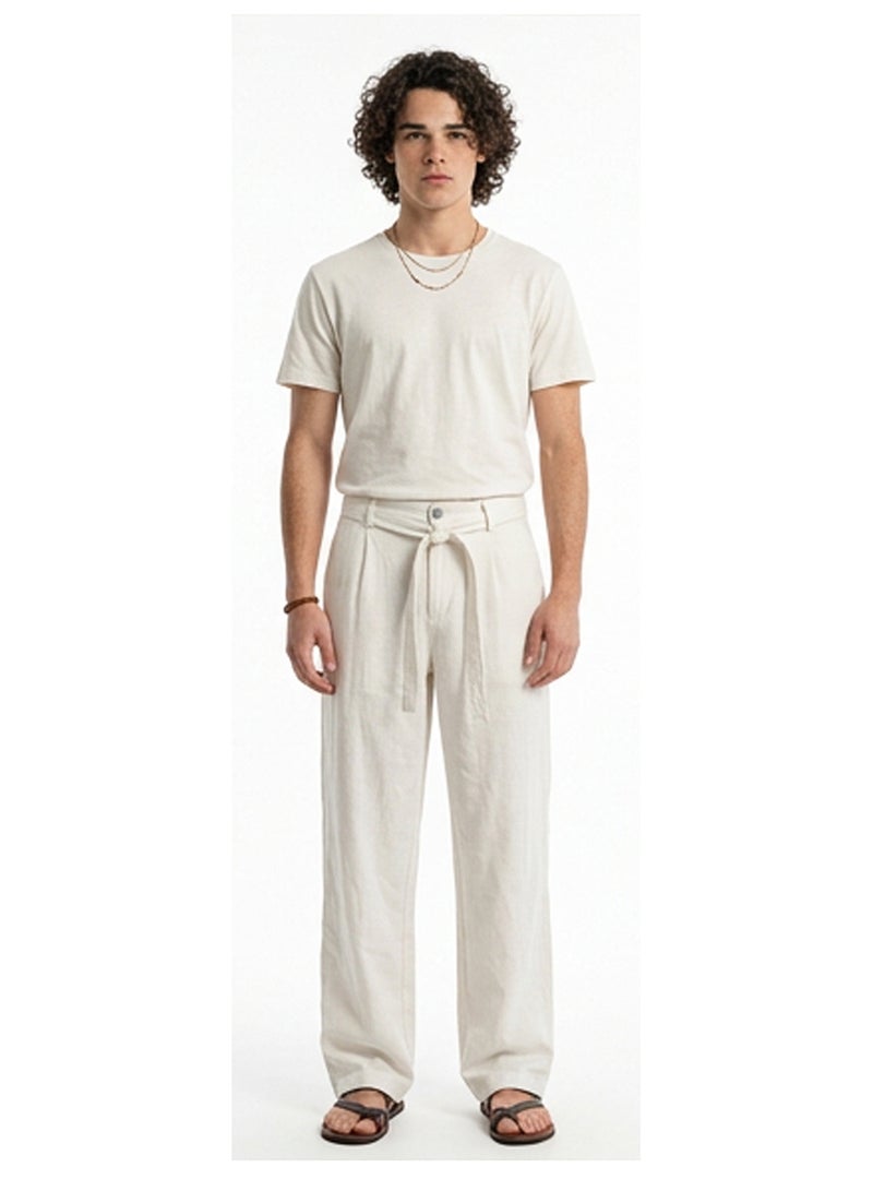 RAVIN Off-White Wide-Leg Linen Blend Tie-Waist Trousers - Image 5